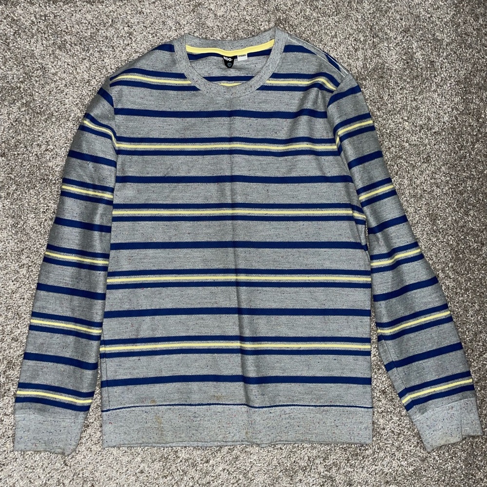 BDG Men's Crewneck Sweater in Gray, Blue, and Yellow Stripes